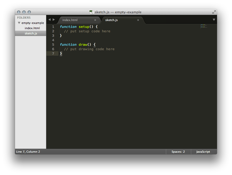 p5 starter code opened up in sublime editor."